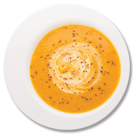 Aceasta supa cremoasa, vibranta si robusta de morcovi cu nuca de cocos este stropita cu un ulei aromat presarat cu usturoi si seminte de chimen.